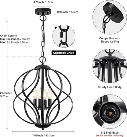 YURNYQ Modern Black Chandelier for Dining Room, 4 Lights Geometric Chandeliers, Sphere Chandelier Industrial Large Pendant Light Fixtures Hanging for Kitchen, Entryway, Foyer, Stairs