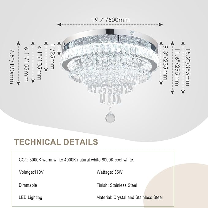 FRIXCHUR 19.7" Crystal Chandelier Crystal Ceiling Light Modern LED Flush Mount Chandeliers Light Fixture for Bedrooms Living Dining Room 2700K/4000K/6500K Changeable Color