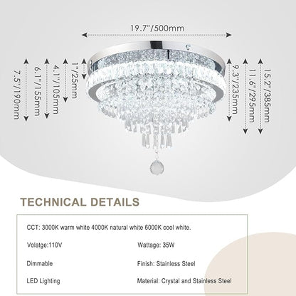 FRIXCHUR 19.7" Crystal Chandelier Crystal Ceiling Light Modern LED Flush Mount Chandeliers Light Fixture for Bedrooms Living Dining Room 2700K/4000K/6500K Changeable Color