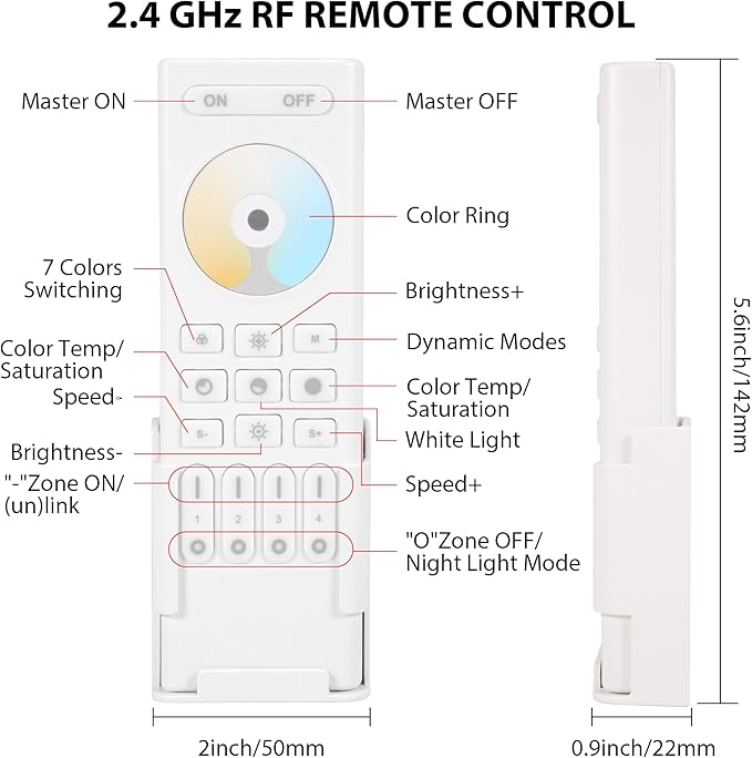 4-Zone 2.4G Wireless RF Remote Control, 99ft 360 Control, 4 Channel Group Control for Home CCT LED Strip Lights