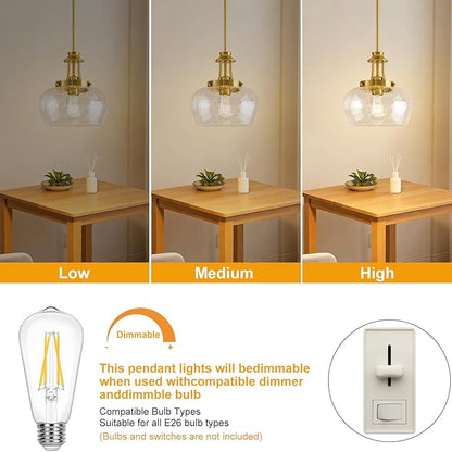 Modern Pendant Lights Kitchen Island, Brushed Gold Pendant Light Fixtures with 10" Clear Air Bubble Glass Shade, Industrial Hanging Pendant Lights Fixture for Kitchen Island Dining Room Entryway