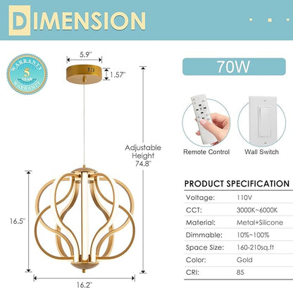 CHYING Modern Gold Chandelier with Remote Control, 10-Light 70W 3-Color Temperature Dimmable LED Chandelier for Dining Room, Hanging Adjustable Pendant Light for Living Room Kitchen Entryway Foyer