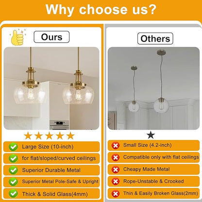 Modern Pendant Lights Kitchen Island, Brushed Gold Pendant Light Fixtures with 10" Clear Air Bubble Glass Shade, Industrial Hanging Pendant Lights Fixture for Kitchen Island Dining Room Entryway