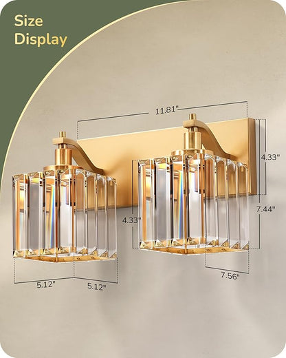 EDISHINE Bathroom Vanity Light, Modern Bathroom Lighting Fixtures, 2 Light Crystal Vanity Lights Over Mirror, Brass Bath Wall Sconce Lamp for Powder Room, Makeup, E26 Base, Gold