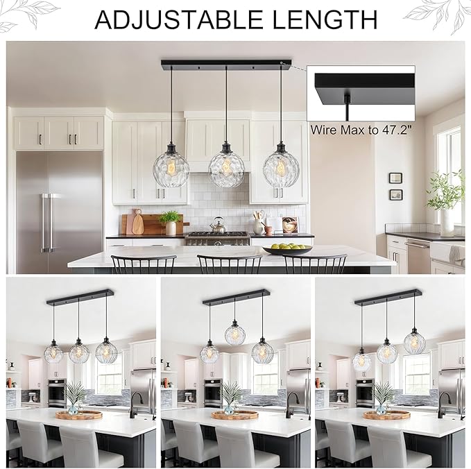 3 Light Pendant Lighting, Black Island Lights for Kitchen, 31.5" Globe Pendant Light with Clear Hammered Glass Shade, Adjustable Farmhouse Hanging Light Fixtures for Dining Room