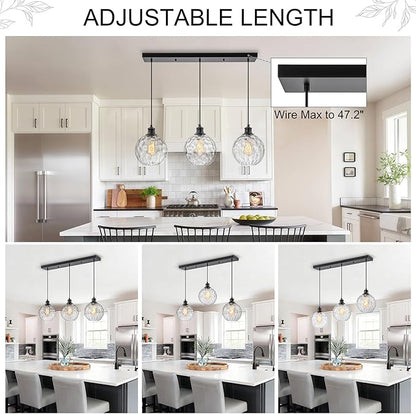 3 Light Pendant Lighting, Black Island Lights for Kitchen, 31.5" Globe Pendant Light with Clear Hammered Glass Shade, Adjustable Farmhouse Hanging Light Fixtures for Dining Room