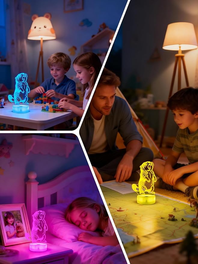 Lampeez Groundhog 3D Night Light for Kids, LED 16 Colors Remote Control Changing Touch Dimmable Table Desk Lamp, Cute Animal Gifts for Groundhog Lovers Animal Fans