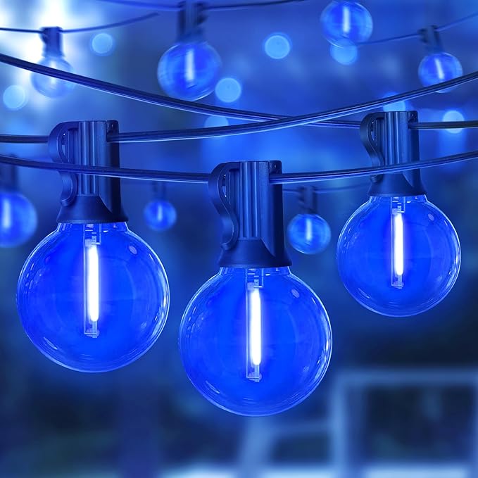 LAMPHOME Blue LED Outdoor String Lights, 26FT Patio Lights with 12+1 Shatterproof Edison Bulbs, UL Waterproof Connectable Outdoor Hanging Lights for Backyard Porch Garden Deck Balcony Decor