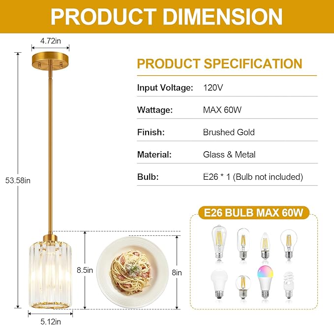 1 Pack Brushed Gold Pendant Lights Kitchen Island, Modern Crystal Chandelier Kitchen Pendant Lighting Over Island, Adjustable Hanging Mini Light Fixtures for Dining Room Hallway Corridor Bedroom