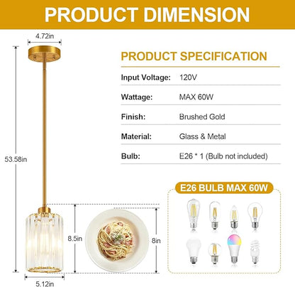 1 Pack Brushed Gold Pendant Lights Kitchen Island, Modern Crystal Chandelier Kitchen Pendant Lighting Over Island, Adjustable Hanging Mini Light Fixtures for Dining Room Hallway Corridor Bedroom
