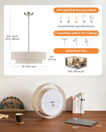 VONLUCE Modern Chandeliers, 18" Drum Chandeliers with 2-Layer Fabric Shade, 4-Light Pendant Light Fixture with E26 Base, Light Fixture for Dining Room Bedroom Living Room, Linen Shade & Nickel Finish