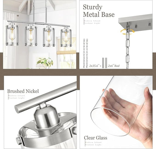 4-Light Kitchen Island Lighting, Brushed Nickel Linear Dining Room Light Fixtures with Clear Glass, Modern Industrial Chandelier Pendant Light for Kitchen Island Dining Room, OS-3014-4ISBN