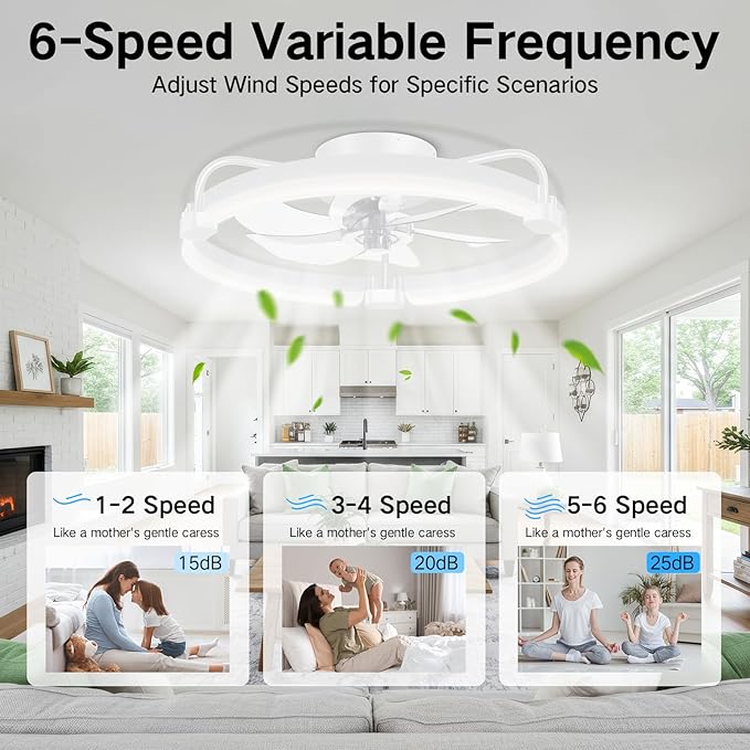 OUTON 20" Ceiling Fan with Light, Remote & App Control, Fandelier Low Profile Flush Mount Ceiling Fan with 3000K-6500K Stepless Dimmable, 6 Speed, Quiet DC Motor, Modern Ceiling Fans for Bedroom White