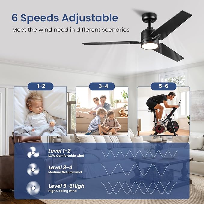 Newday 48 Inch Ceiling Fans with Lights Remote, Black Ceiling Fans Dimmable 3 Color Temperature, Timer, 3 Blades, 6 Speed Modern Fan Quiet Reversible DC Motor for Indoor or Covered Outdoor