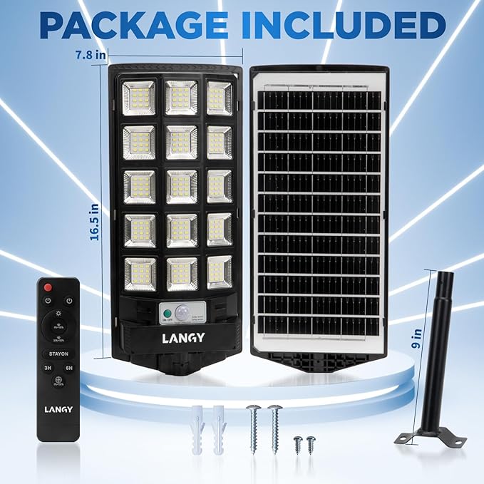 LANGY Solar Street Lights Outdoor 4 Pack, 30000LM 6500K Motion Sensor Dusk to Dawn, IP66 Waterproof LED Flood Security Lights with Remote Control for Parking Lot, Driveway, Garden, Yard