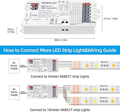 GIDERWEL Smart 5 in 1 WiFi LED Controller RGBWW for Strip Lights RGBCCT RGBW RGB CCT and 5 White Strips,Work with Alexa/Google Assistant,APP/Voice Control Color Change Dimming(Only a WiFi Controller)
