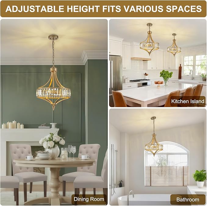 Gold Vintage Chandeliers for Dining Room, 15.7" Modern Crystal Round Pendant Lights Kitchen Island Over Table,4-Light Foyer Chandelier for Entryway Bathroom Bedroom Living Room