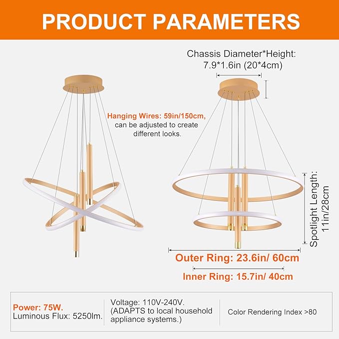 ORANOOR LED Gold Modern Chandeliers for Dining Room Bedrooms Living Room, Dimmable 24in 5250lm Kitchen Pendant Lamp Dining Room Light Fixtures Ceiling Hanging Over Table, 2 Ring Round Chandeliers
