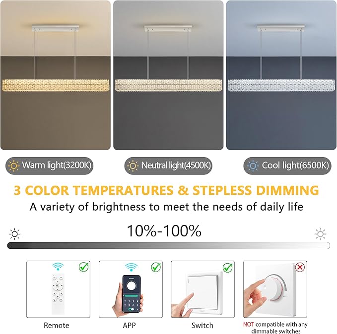 Rectangular Crystal Chandelier Glam Dimmable LED Crystal Chandeliers for Dining Room Linear Pendant Light with Remote Control for Kitchen Island Silver