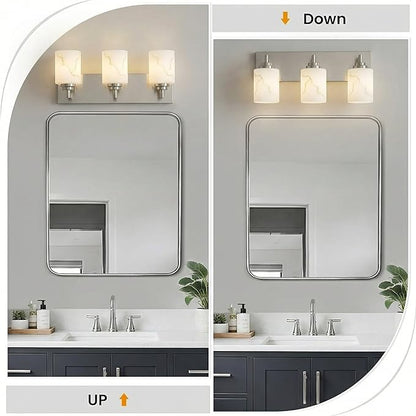 3-Light Bathroom Light Fixture, Brushed Nickel Modern Vanity Light with White Marble Glass Shade, for Bathroom Mirror, Living Room, Bedroom, Hallway, E26 Base, Extended Base
