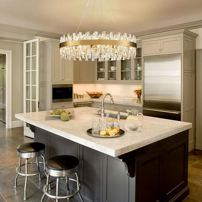 Modern Brass Gold Crystal Chandelier Lights, Round K9 Crystal Raindrop Chandelier, Pendant Ceiling Light Fixtures for Dining Living Dining Room Bedroom, Diameter 30 inches