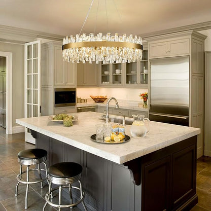 Modern Brass Gold Crystal Chandelier Lights, Round K9 Crystal Raindrop Chandelier, Pendant Ceiling Light Fixtures for Dining Living Dining Room Bedroom, Diameter 30 inches