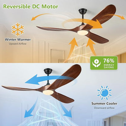52 Inch Ceiling Fans with Lights and Remote Control, Outdoor Ceiling Fan with Light Solid Wood 3 Blade Propeller Ceiling Fan, Quiet High CFM Damp Rated Outdoor Fan for Patios Farmhouse, Dark Walnut