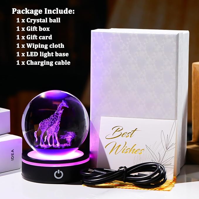 YWHL 3D Giraffe Crystal Ball Figurine with Colorful Light Base, Giraffes Gifts for Women Men on Birthday Christmas, Laser Engraved Giraffes Statue Glass Animal Decorative Ball for Home Decor (80mm)