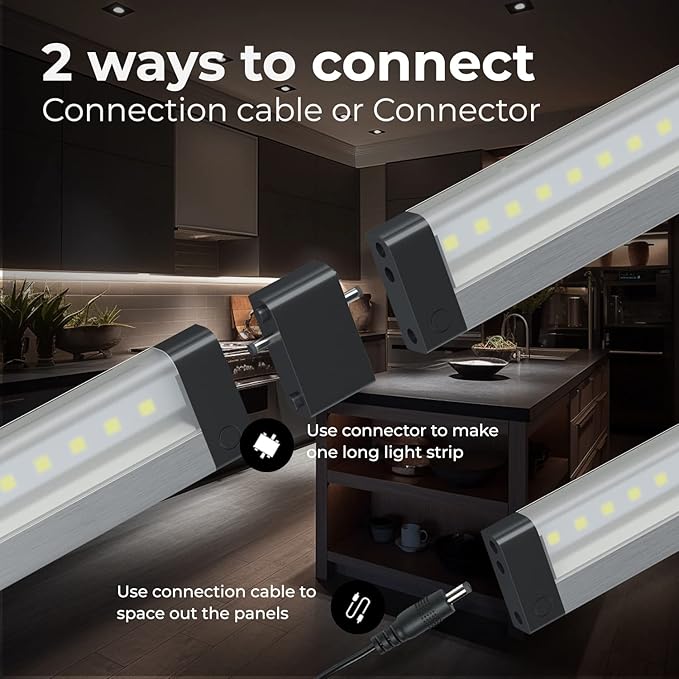 EShine Hand Wave Activated Under Cabinet LED Lighting Kit, Dimmable, 6-Pack 12 in - Touchless Dimming Control, Black Under Counter Lights for Kitchen, Garage, Office, Desk - Cool White (6000K)
