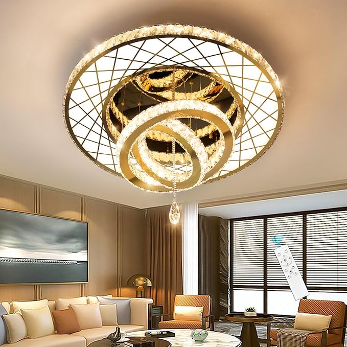 HAIXIANG Modern Glam Chandelier LED Crystal Ceiling Chandeliers Light for Bedroom Living Room Dining Room Lighting Fixture 24 inch Gold Remote Dimmable Lights
