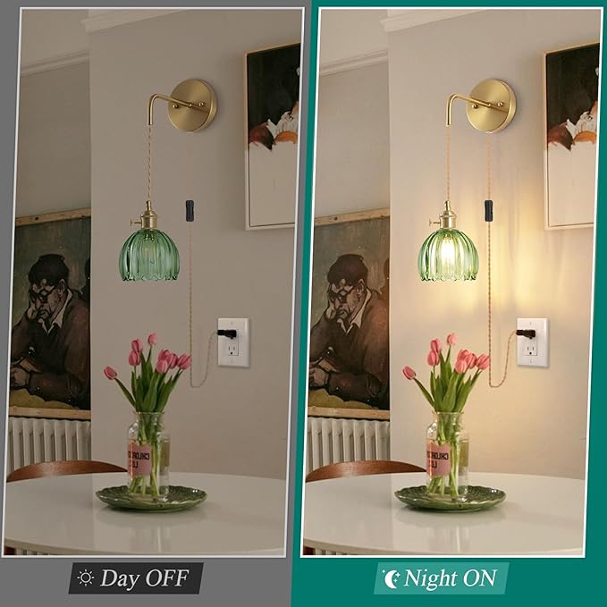 Plug-in Wall Sconce (Set of 2), Vintage Wall Decorative Lamp with Green Glass Shade, Indoor Plug-in Wall Sconce for Bedroom, Living Room, Bathroom, Hallway