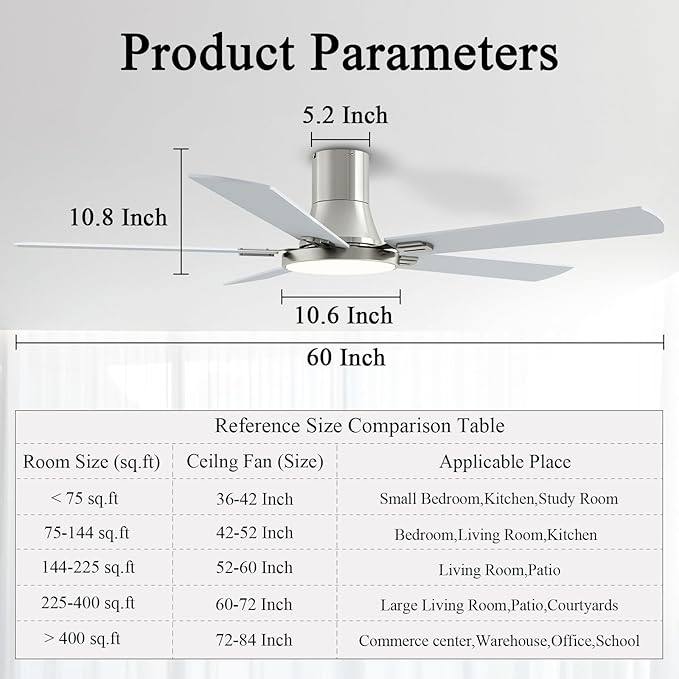 SNJ 60 Inch Brushed Nickel Ceiling Fans with Lights and Remote,Flush Mount Low Profile 5 Blades Ceiling Fan,Dimmable Quiet Reversible DC Motor for,Living Room,Bedroom and Patio