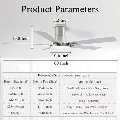 SNJ 60 Inch Brushed Nickel Ceiling Fans with Lights and Remote,Flush Mount Low Profile 5 Blades Ceiling Fan,Dimmable Quiet Reversible DC Motor for,Living Room,Bedroom and Patio