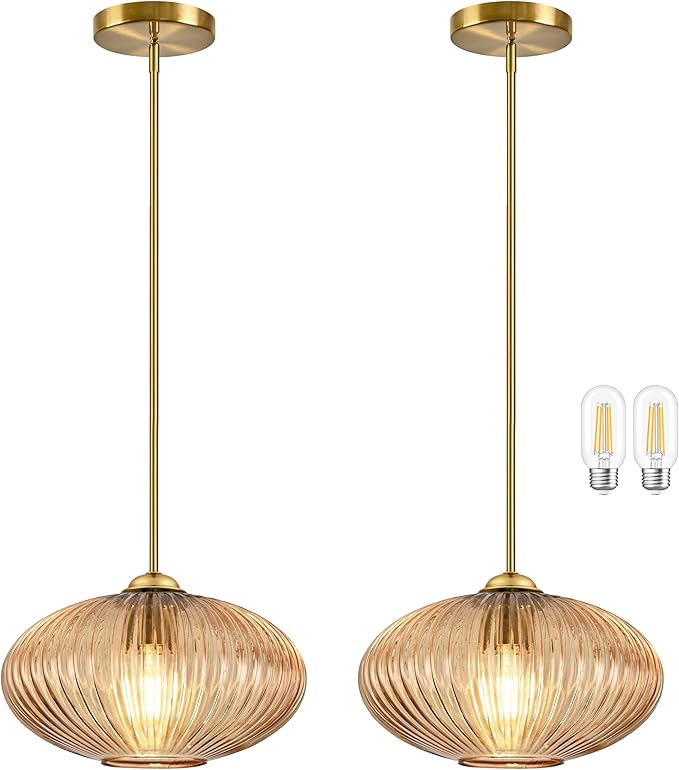 10" Amber Glass Modern Pendant Light Kitchen Island 2 Pack Brushed Gold Mid Century Modern Pendant Lighting with Clear Amber Glass Hanging Pendant Light for Dining Room（Bulb Incl.）