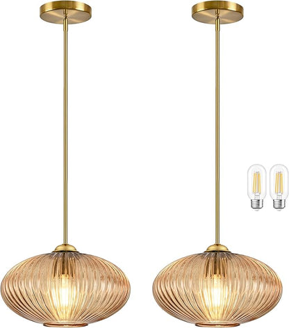 10" Amber Glass Modern Pendant Light Kitchen Island 2 Pack Brushed Gold Mid Century Modern Pendant Lighting with Clear Amber Glass Hanging Pendant Light for Dining Room（Bulb Incl.）