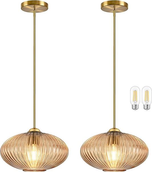 10" Amber Glass Modern Pendant Light Kitchen Island 2 Pack Brushed Gold Mid Century Modern Pendant Lighting with Clear Amber Glass Hanging Pendant Light for Dining Room（Bulb Incl.）