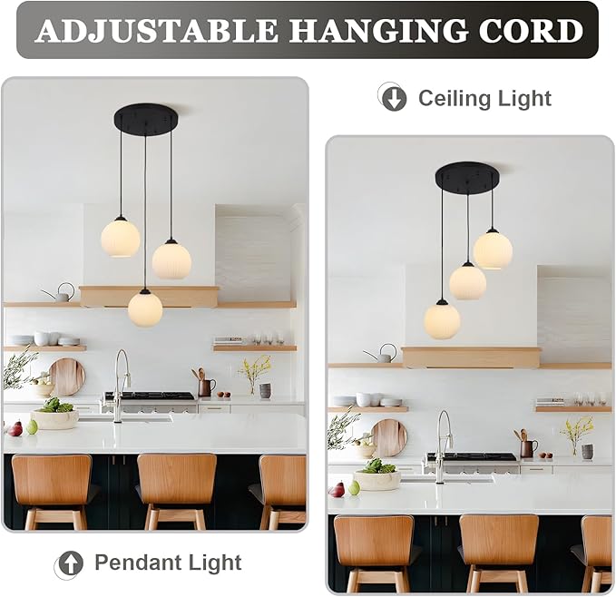 3 Light Globe Cluster Chandelier Black Cluster Pendant Light Milk Glass Chandelier Light Fixture 3 Pendant Light Fixtures Ceiling Hanging Modern Kitchen Pendant Lighting