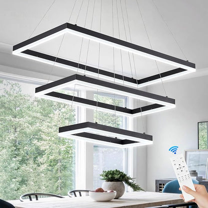 Benkut 3 Rings Modern LED Chandelier Black 31.5inch Rectangle Dimmable LED Pendant Light with Remote Control 3 Tier Flush Mount High Ceiling Light for Dining Living Room Foyer(3000K-6500K, H71)