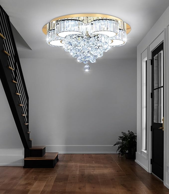 23.6" Gold Modern Crystal Chandeliers for Dining Room LED Dimmable Light Fixtures Flush Mount Light Living Room Bedrooms