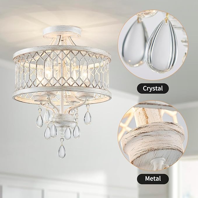 Crystal Ceiling Light Fixture, Modern Semi Flush Mount Ceiling Light, Farmhouse Crystal Chandeliers for Dining Room Light Fixture, Hallway Lighting Fixtures for Kitchen Bedroom Bathroom Foyer Entryway