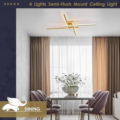 Gold Modern Led Chandelier 4-Lights Semi-Flush Mount Ceiling Lighting Fixture 35.4” Dimmable Remote Control Ceiling Light for Living Room Bedroom Kitchen Foyer