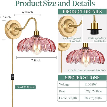 ZECOXOL Vintage Plug in Wall Sconces Set of Two, Glass Wall Sconces Lamps with Flower Lampshade & Dimmable Plug in Cord, Dimmable Sconces Wall Decor Set of 2 Plug in Wall Lights Sconces for Bedroom