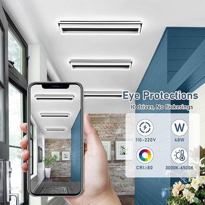 Dimmable Led Ceiling Light with Remote Control Modern Linear Flush Mount Ceiling Lighting Fixture Acrylic Long Ceiling Lamp for Living Room Kitchen Dining Room Hallway (Black&White, 2 Packs)