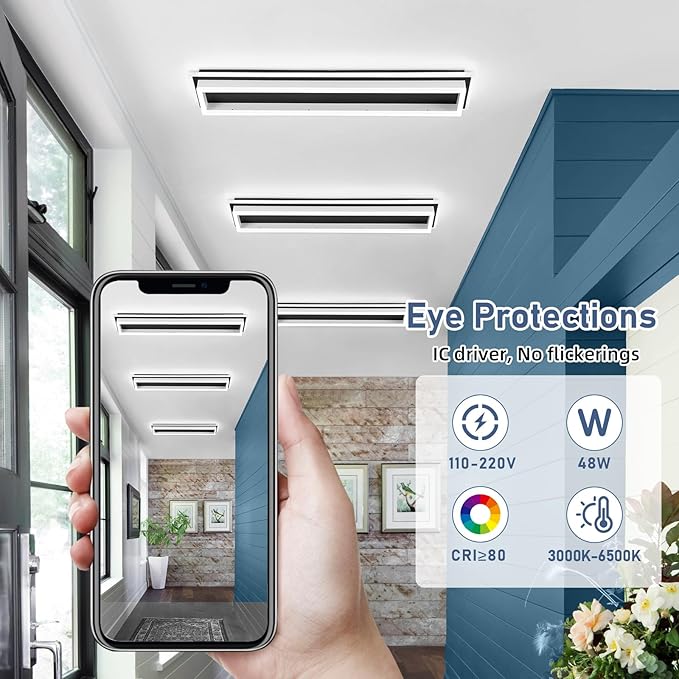Dimmable Led Ceiling Light with Remote Control 31.5in Modern Linear Flush Mount Ceiling Lighting Fixture Acrylic Long Ceiling Lamp for Living Room Kitchen Dining Room Hallway (Black&White)