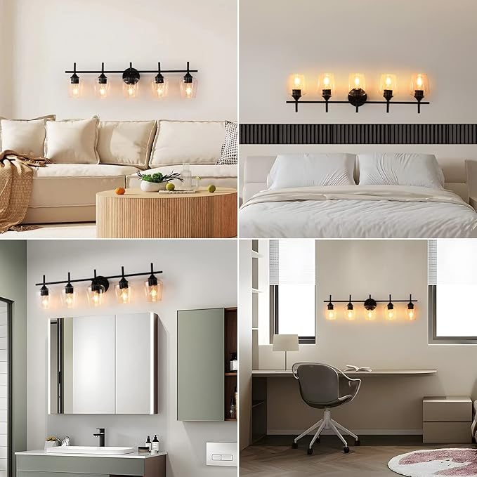 Bathroom Light Fixtures 5-Light Black Vanity Light with Clear Glass Shade, Modern Wall Lights for Bedroom Hallway Living Room (Black, 5-Light)