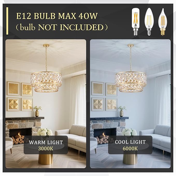 CATINER Gold Crystal Chandelier, 8-Light Drum Semi Flush Mount Ceiling Light, 24'' Luxury Brass Tone Pendant Fixture for Dining Room, Living Room, Kitchen, Foyer, Bedroom