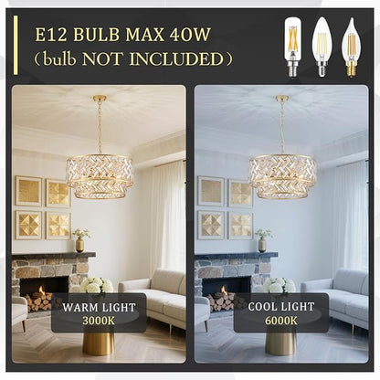 CATINER Gold Crystal Chandelier, 8-Light Drum Semi Flush Mount Ceiling Light, 24'' Luxury Brass Tone Pendant Fixture for Dining Room, Living Room, Kitchen, Foyer, Bedroom