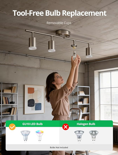 Bojim Track Lighting Fixtures Ceiling Mount for Kitchen, Nickel 4 Way LED Spot Lights Indoor, Flexible Modern Track Light GU10 Socket for Dining Room, Bulbs Not Included