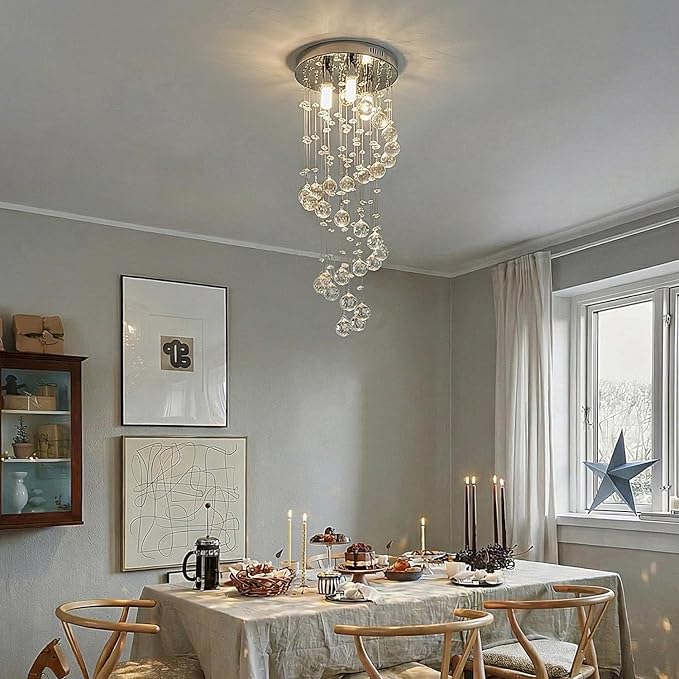 3-Lights Spairal Crystal Chandelier,Modern Raindrop Light Fixture Pendant Ceiling Mount Lamp Lighting Fixtures for LivingRoom, Bedroom, Bathroom D9“ X H21.3”