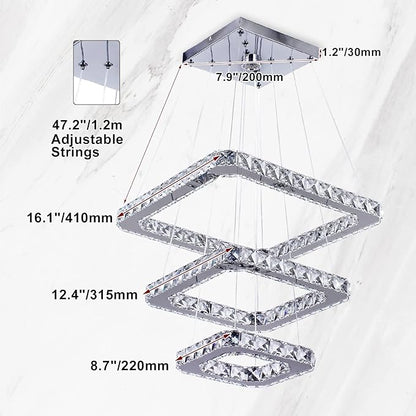 Modern Crystal Chandelier LED Ceiling Light, Square 3-Ring Height Adjustable 47W K9 Crystal Pendant for Dining Room, Living Room, Bedroom, Foyer, Cool White 6000K